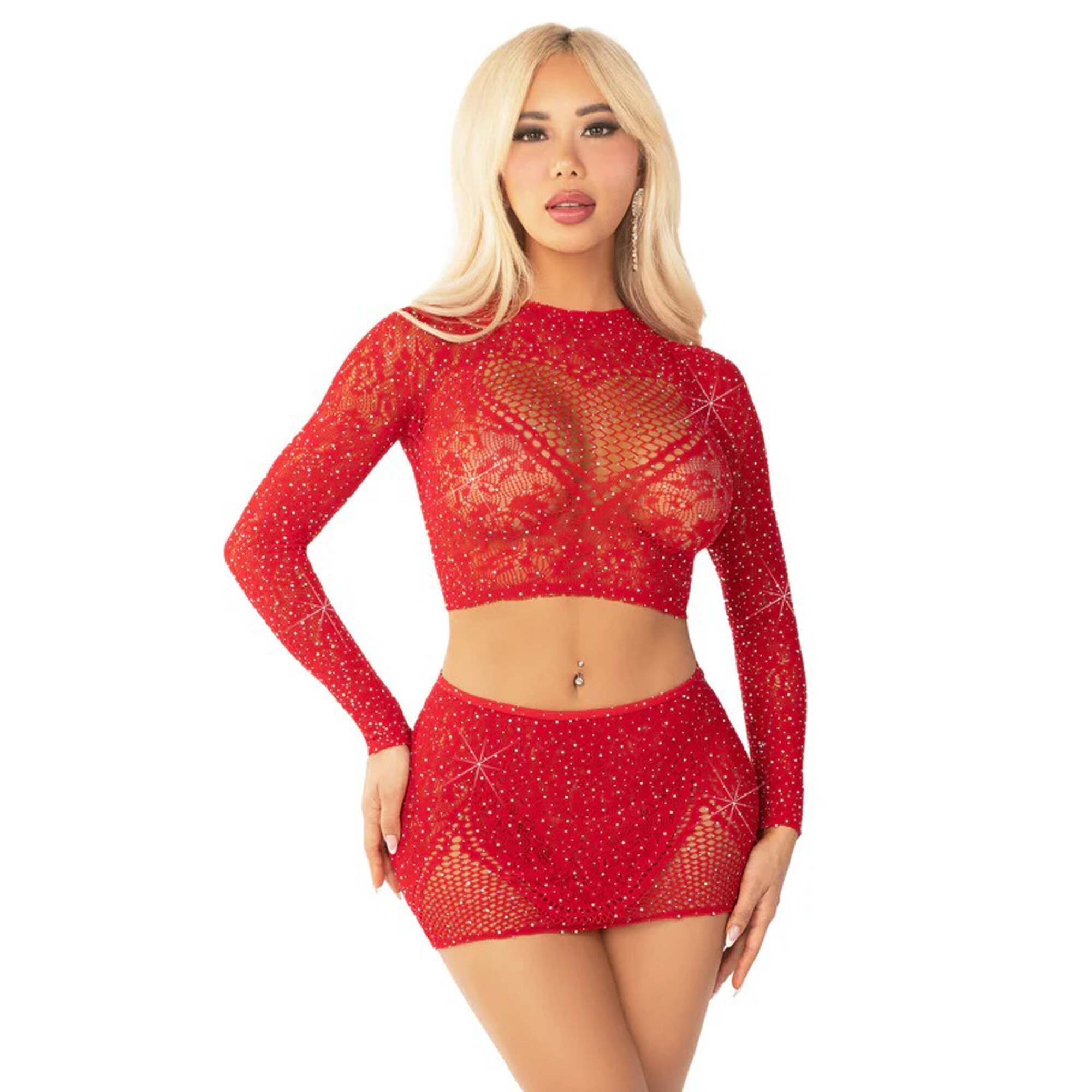 Leg Avenue - Red 2pc Rhinestone Lace Crop Top - Heart Keyhole Skirt